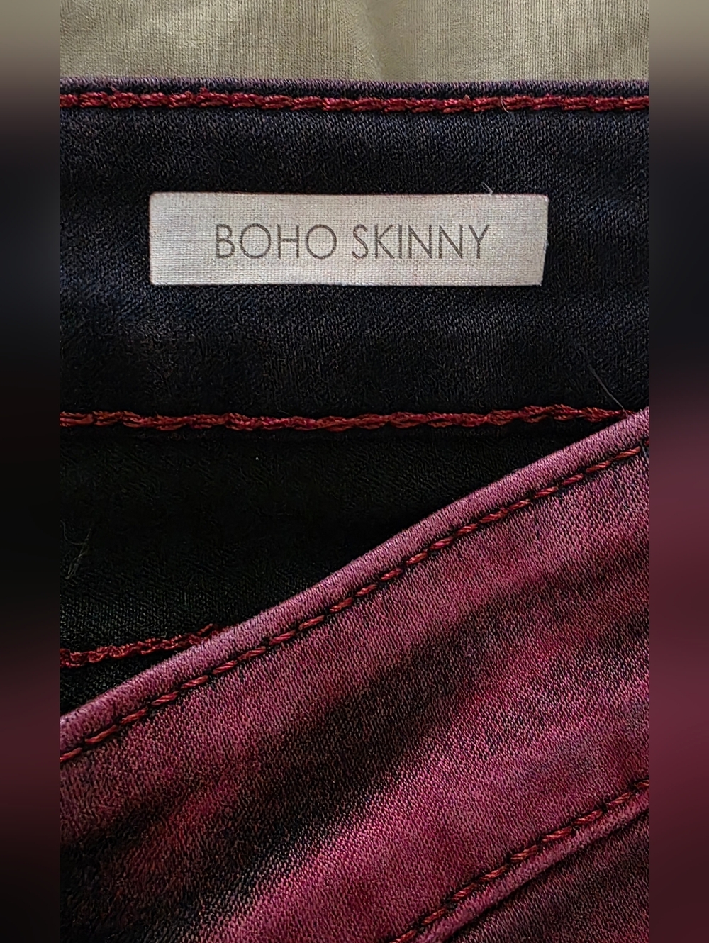 Vintage America Boho Skinny Jeans Wine Red Black Wash Tie-dye Finish Size 10R - Picture 6 of 12